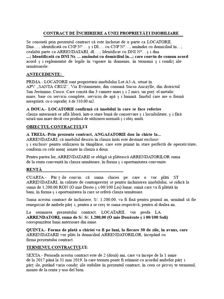 Model Contract de Închiriere A Bunului Imobiliar | PDF