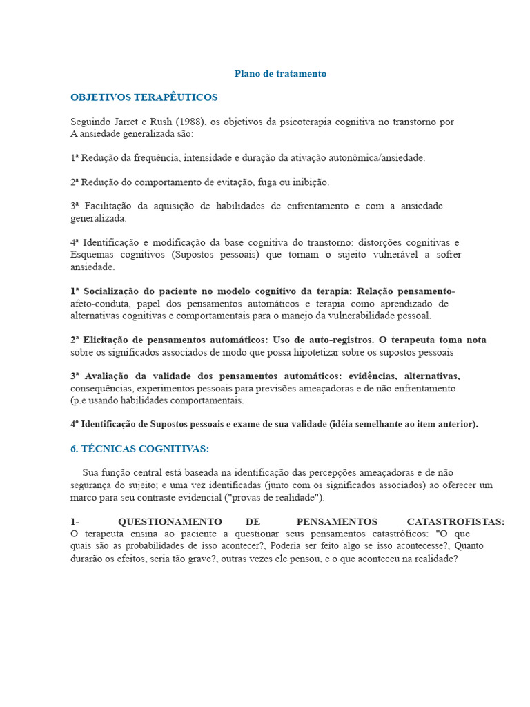 Plano de Tratamento para Ansiedade Generalizada | PDF | Pensamento ...