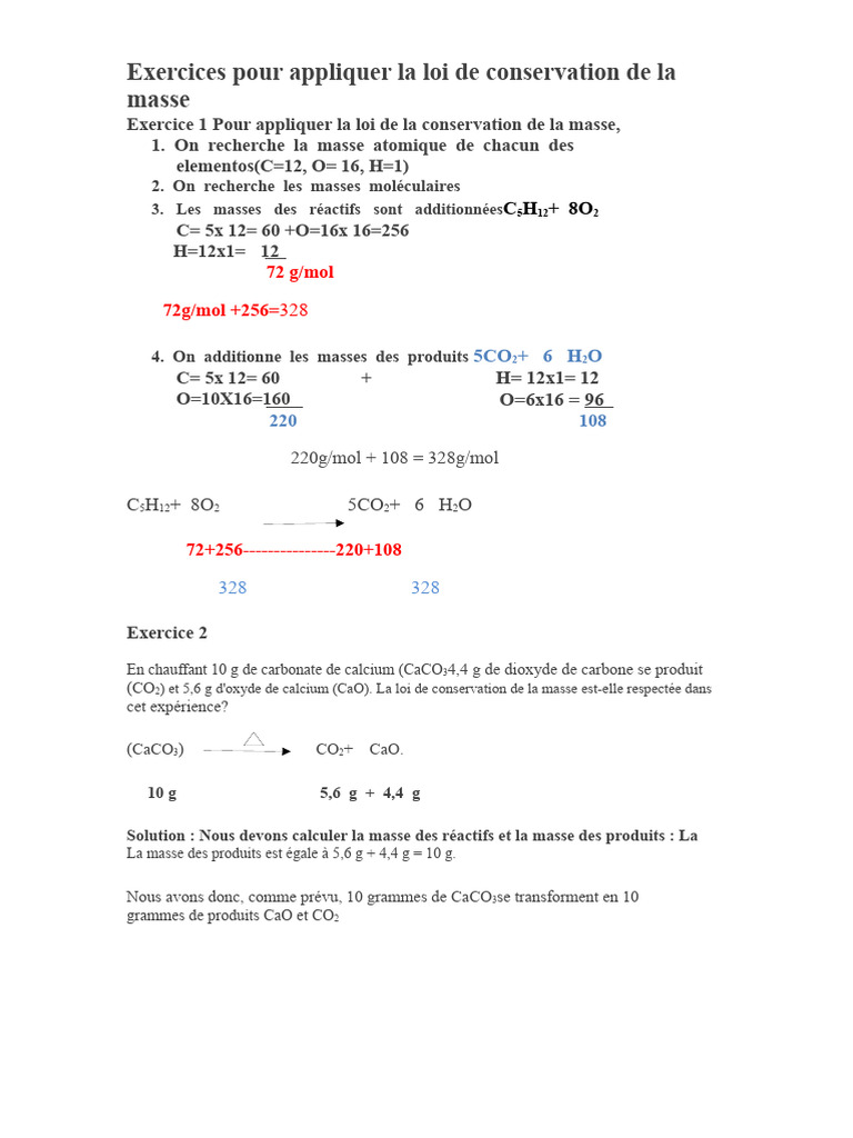 Exercices sur la conservation de la masse | PDF | Magnésium | Oxyde