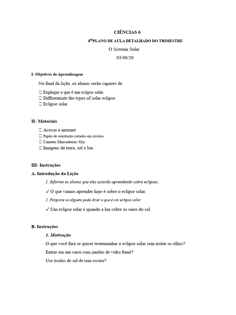 Aula sobre Eclipses Solares para 6º Ano | PDF | Eclipse | Lua