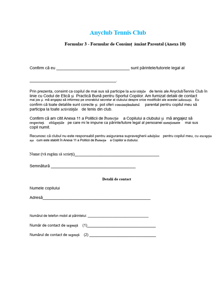 Model de Formular de Consimțământ Părintesc 01 | PDF