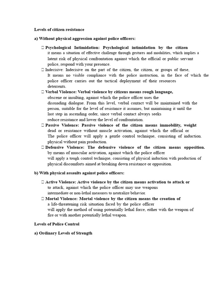Levels of Citizen Resistance Explained | PDF | Shotgun | Police