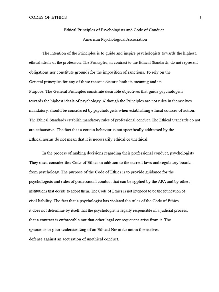 APA Code of Ethics for Psychologists | PDF | Psychology | American ...