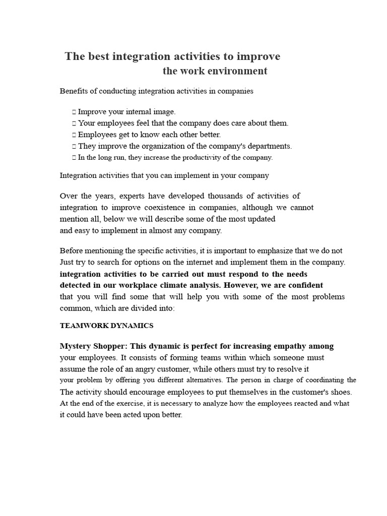 Top Integration Activities for Workplaces | PDF | Team Building | Cognition
