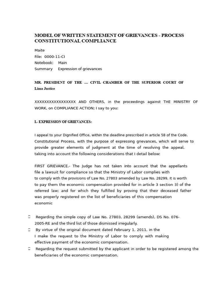 Grievance Statement for Compliance Action | PDF | Lawsuit | Judgment (Law)
