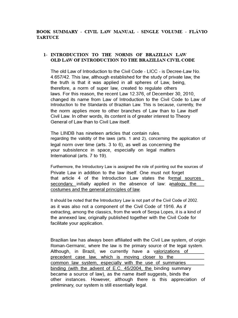 SUMMARY of The Book by Flávio Tartuce - Civil Law Manual - Single ...