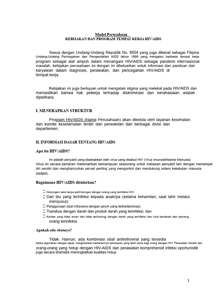 HIV AIDS Tempat Kerja - Kebijakan Dan Template Program | PDF