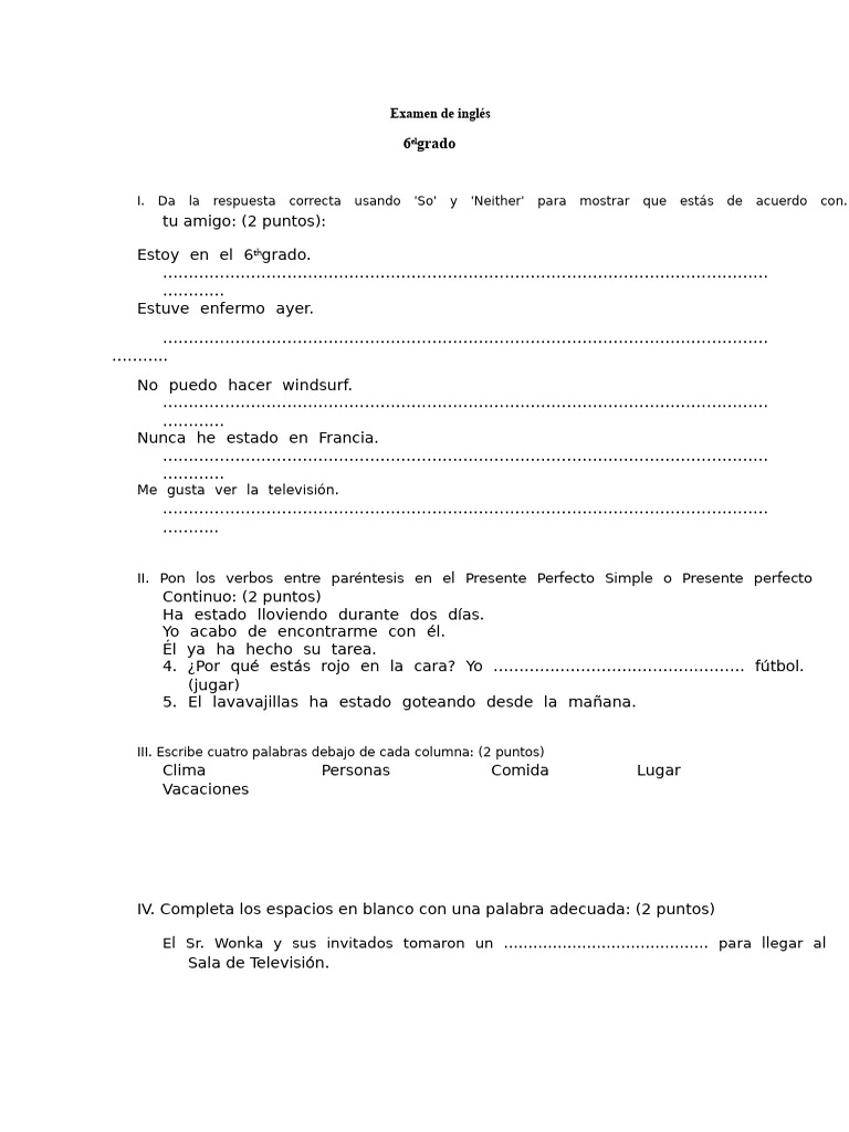 Examen de inglés para 6° grado | PDF