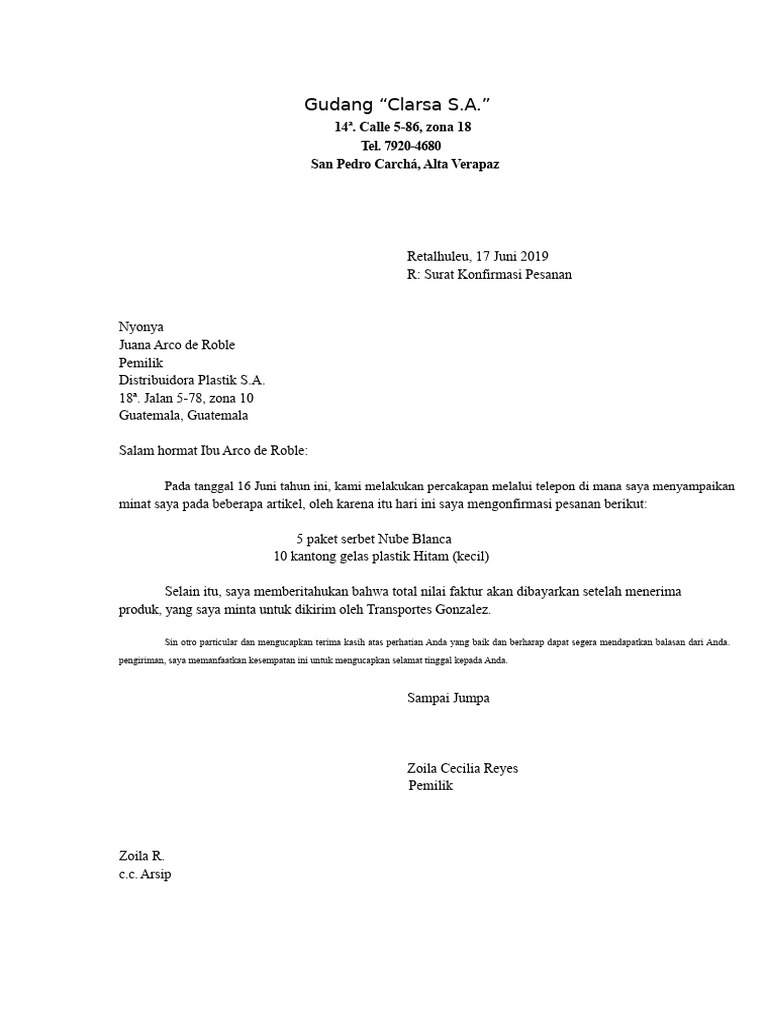 Surat Konfirmasi Pesanan | PDF