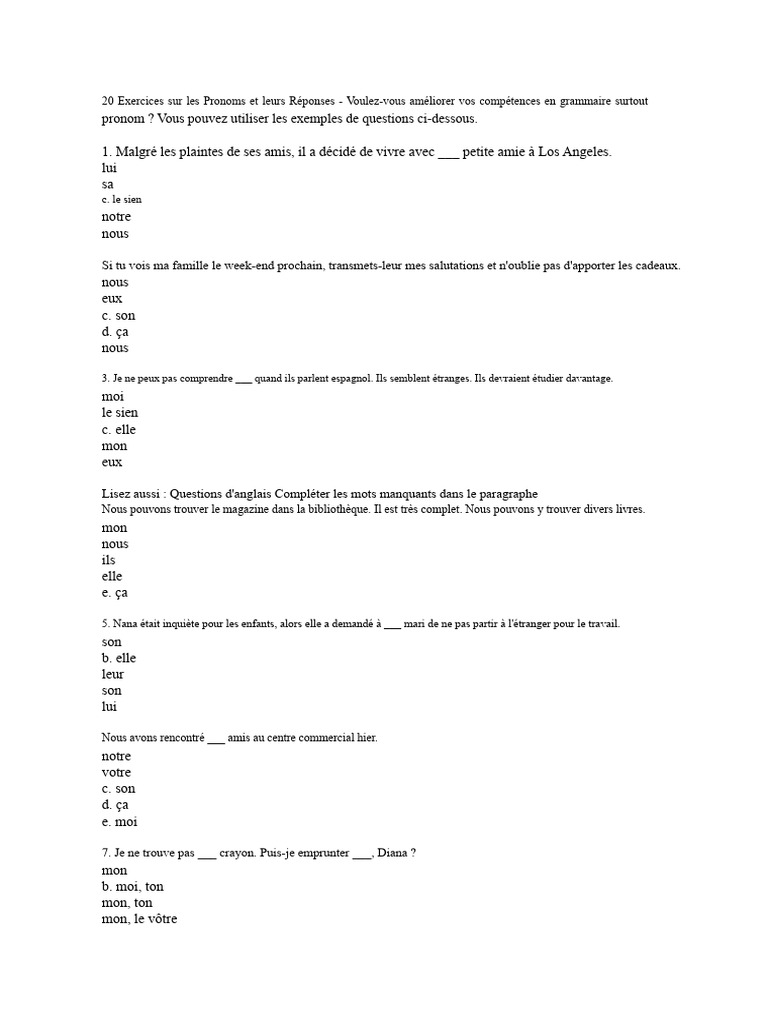 Exercices sur les Pronoms en Grammaire | PDF | Pronom