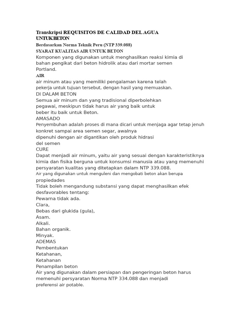 NTP 339.088 Norma Air Untuk Beton | PDF
