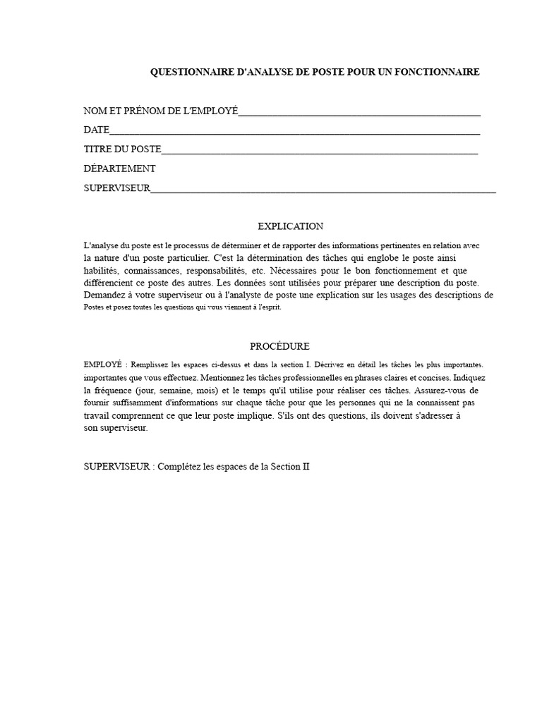 Questionnaire d'Analyse de Poste Fonctionnaire | PDF