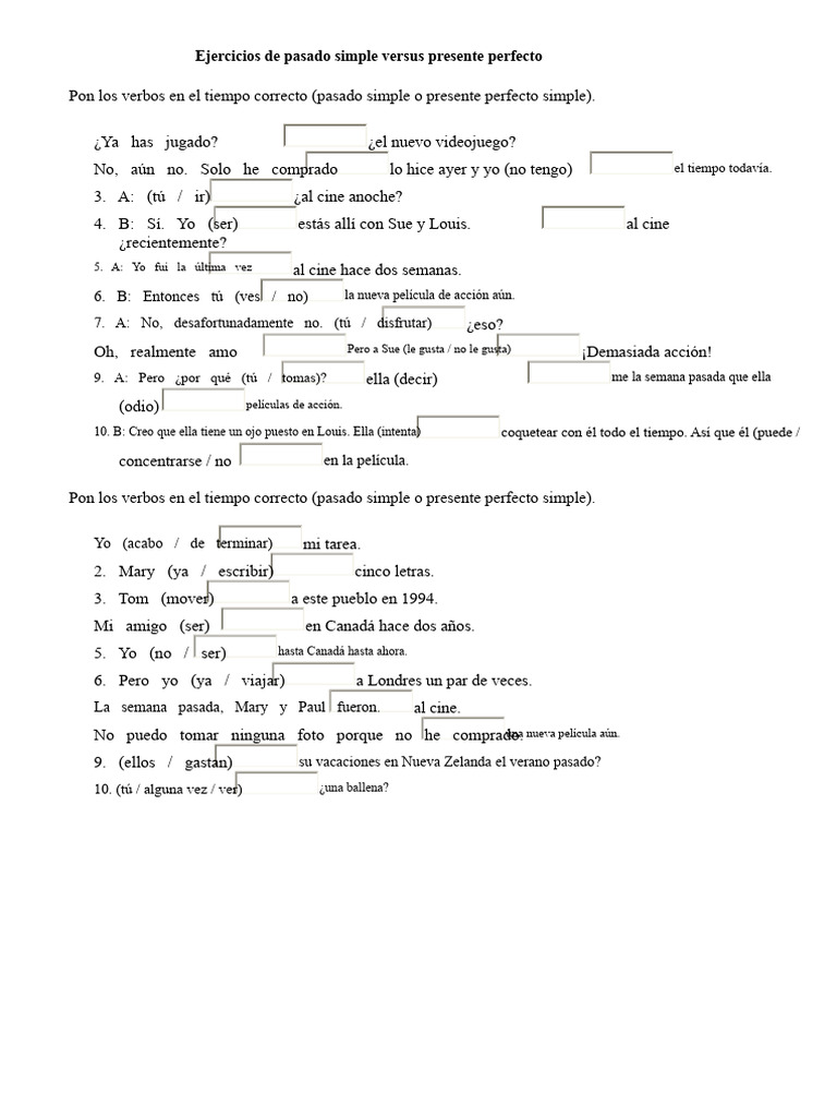 Ejercicios de Pasado Simple Vs Presente Perfecto | PDF