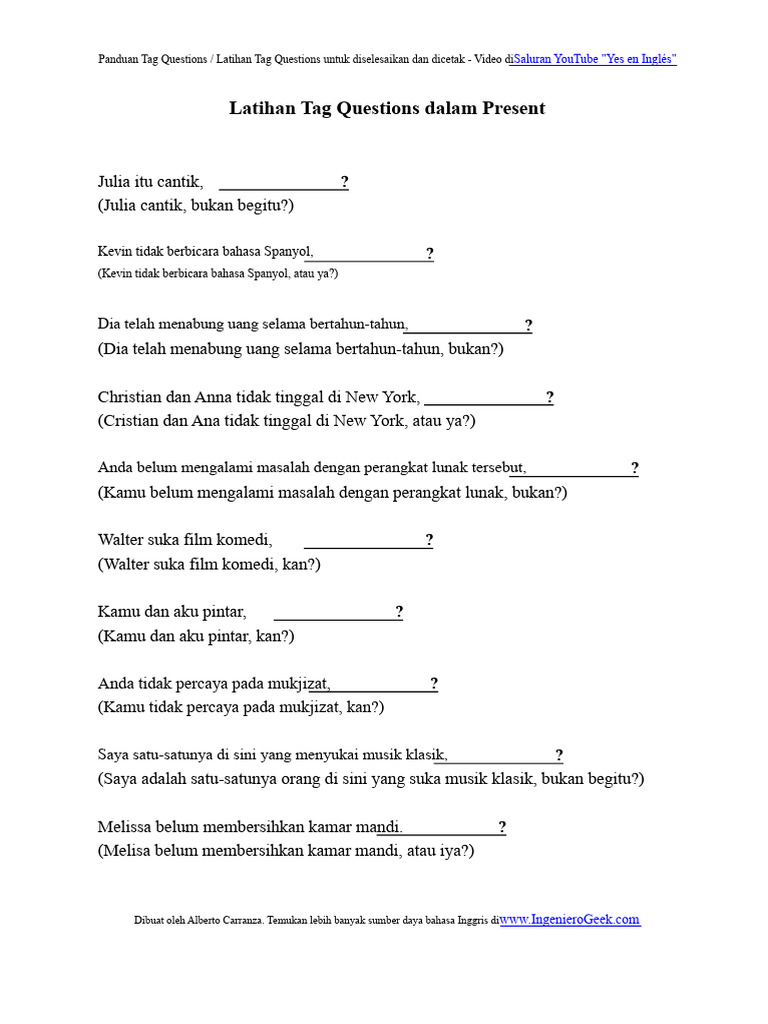 Latihan Tag Questions dalam Bahasa Inggris | PDF