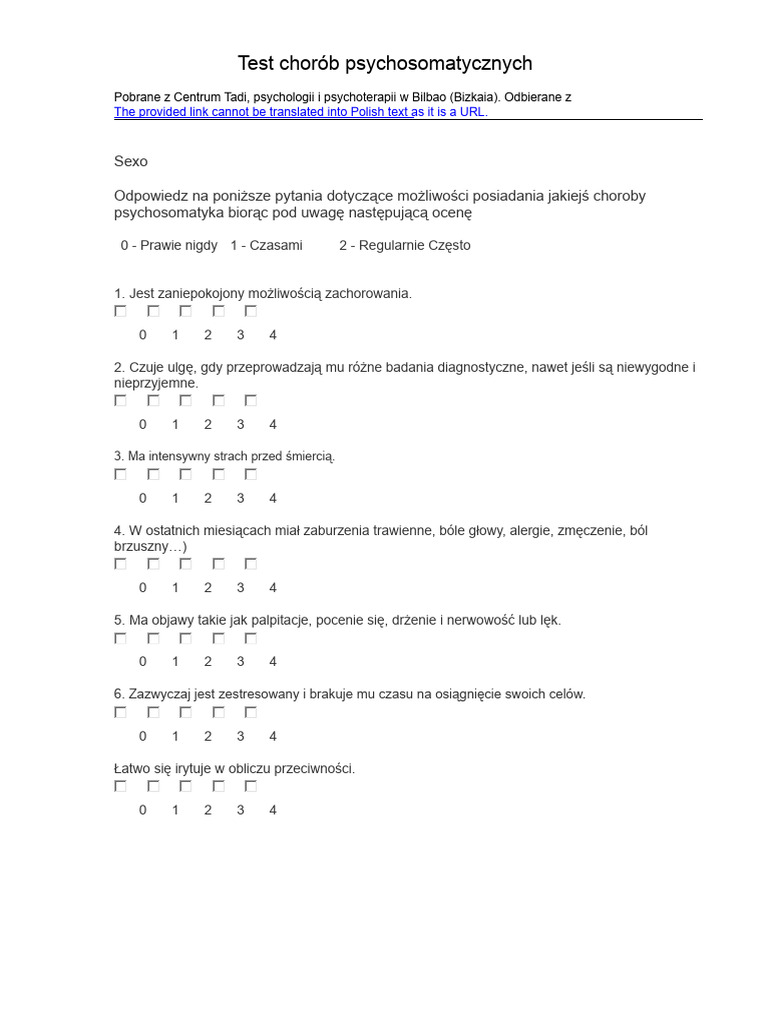 Test Zaburzeń Psychosomatycznych | PDF