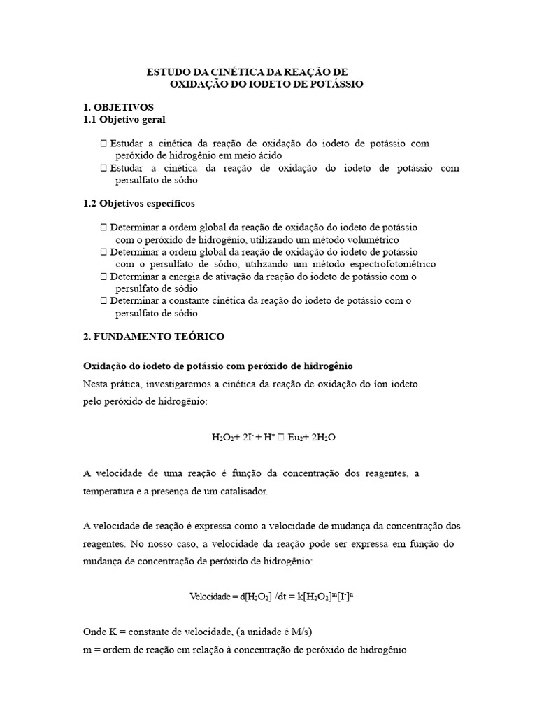 Cinética da Oxidação do Iodeto de Potássio | PDF | Reações químicas ...