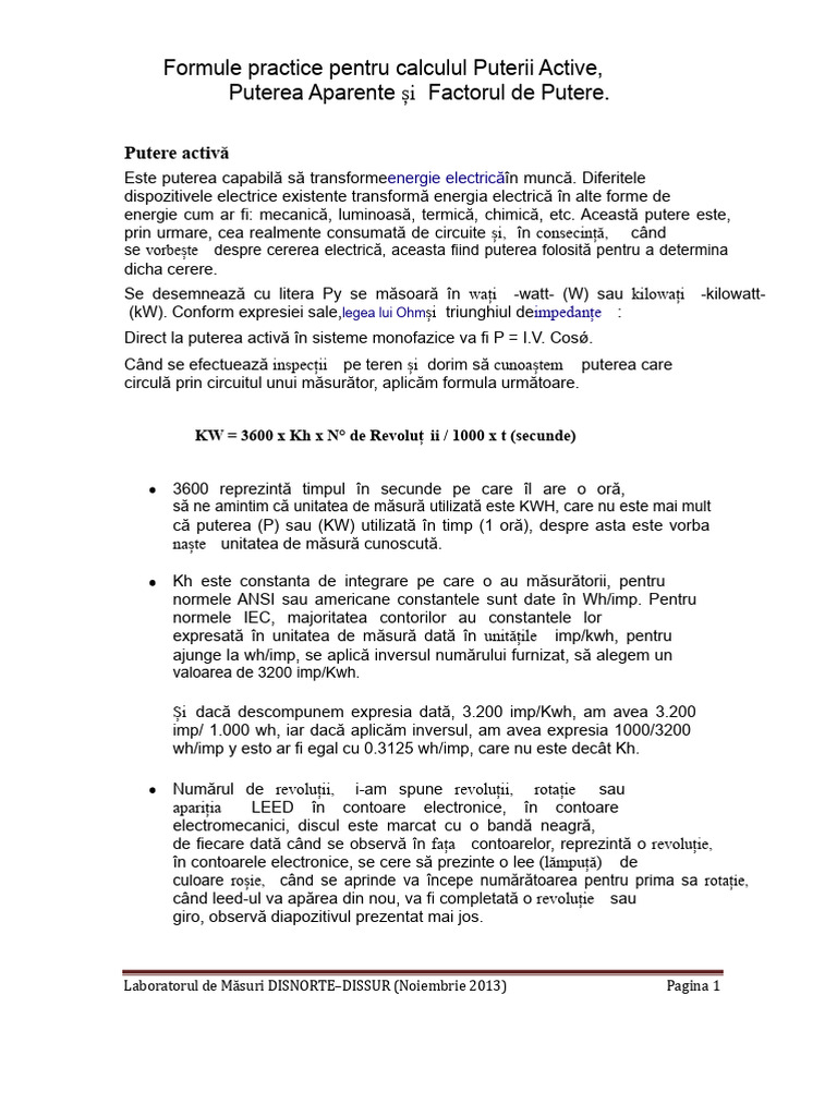 Formule Practice Pentru Calculul Puterii Active | PDF