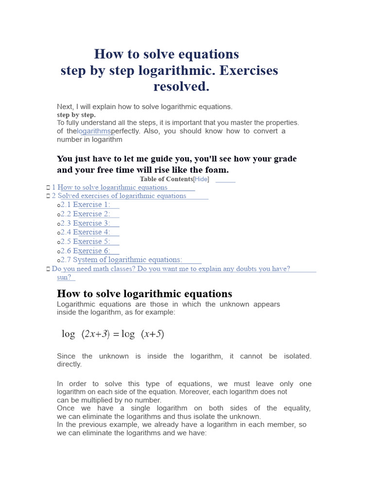How to solve logarithmic equations step by step | PDF | Logarithm ...