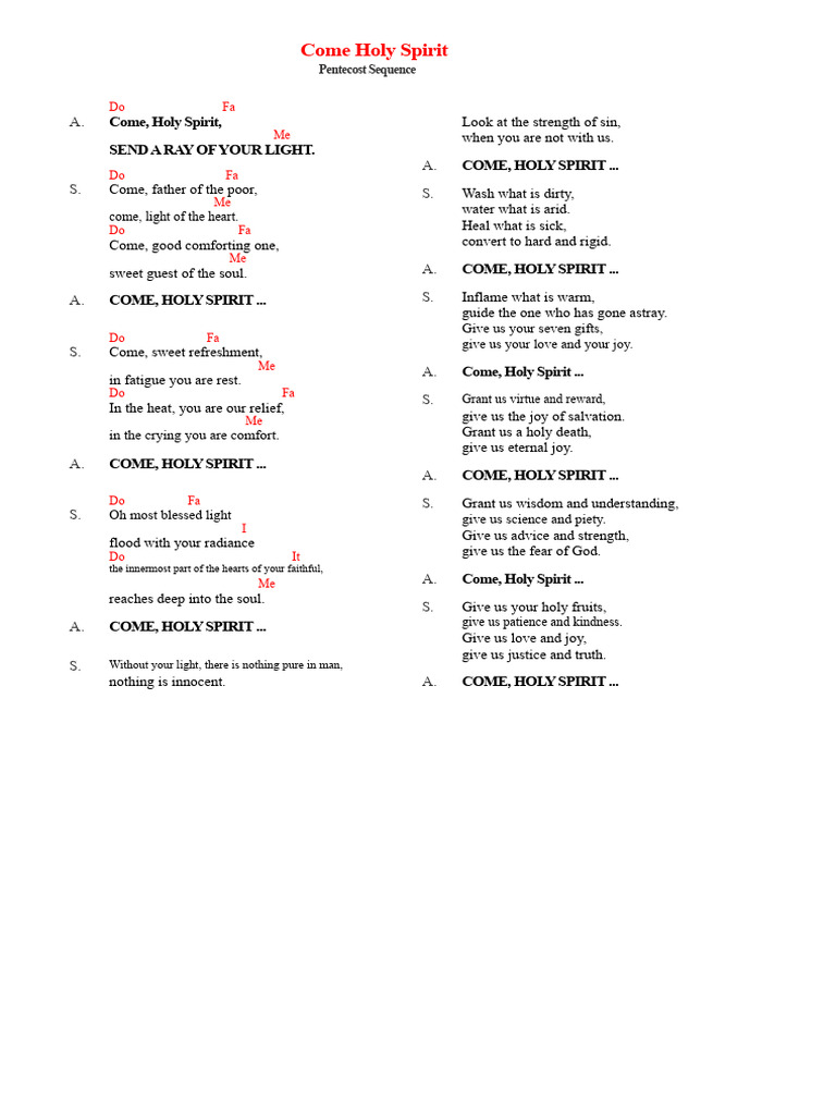 Pentecost Sequence: Come Holy Spirit | PDF | Holy Spirit | Theology