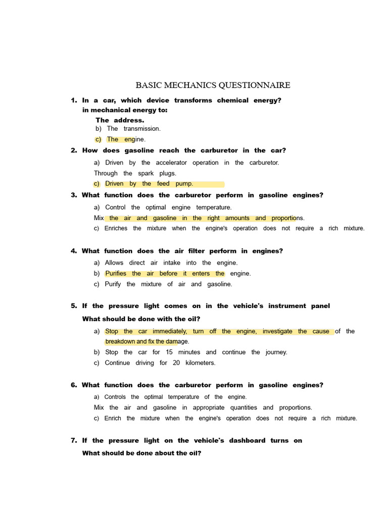 Basic Mechanics Questionnaire Answered | PDF | Internal Combustion ...