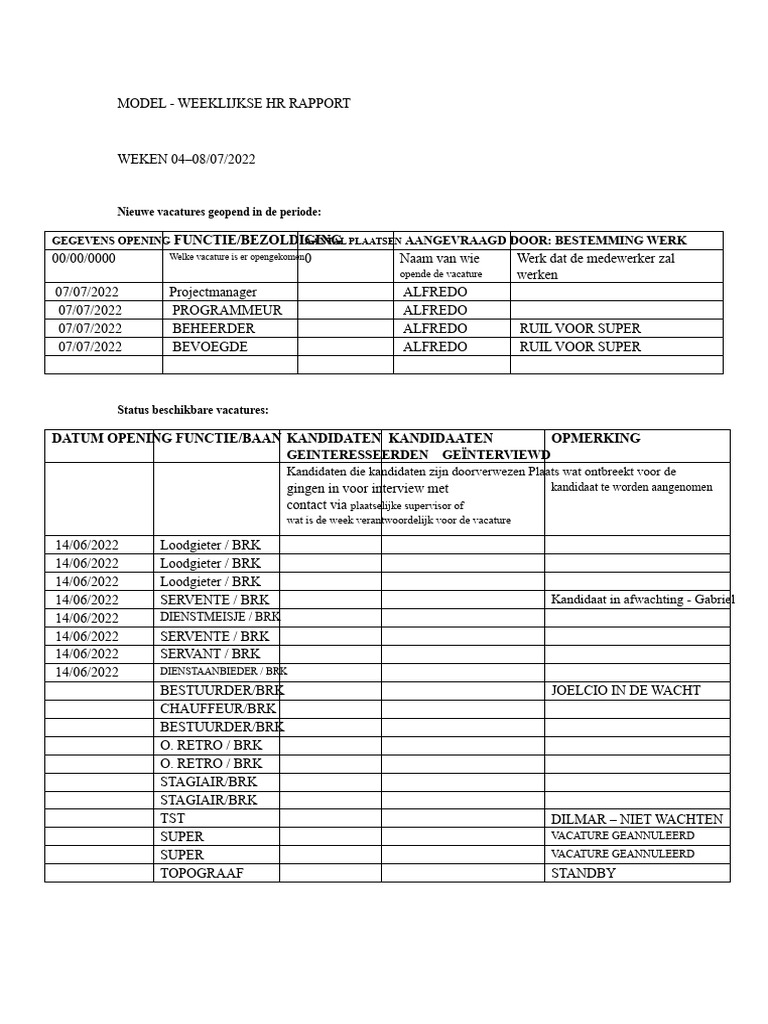 MODEL - Wekelijks Rapport | PDF