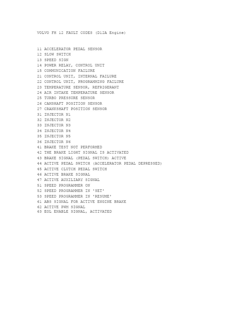 Volvo FH 12 Fault Codes Overview | PDF