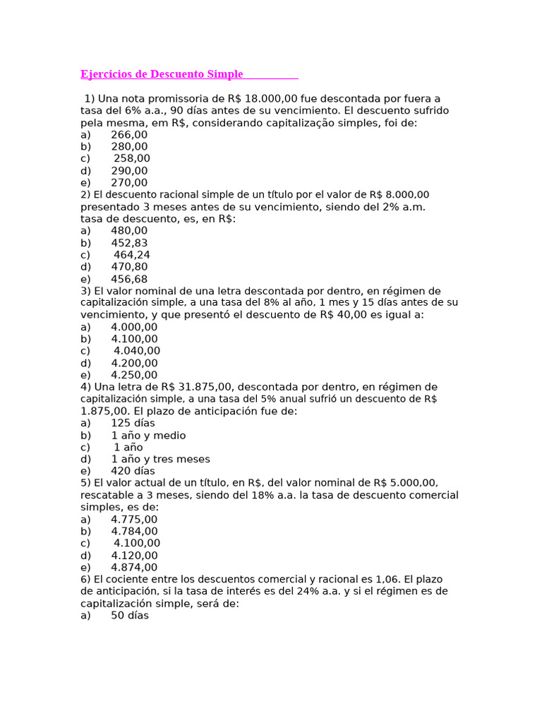 Ejercicios de Descuento Simple en Finanzas | PDF | Bancos | Banca de ...