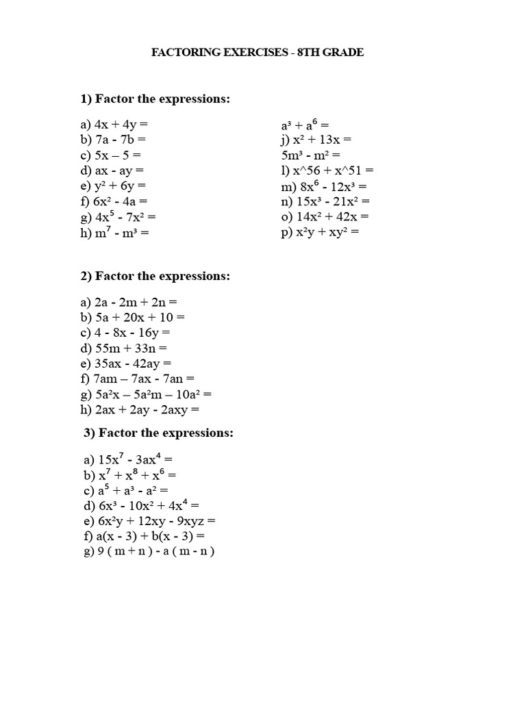 8th Grade Factoring Exercises | PDF