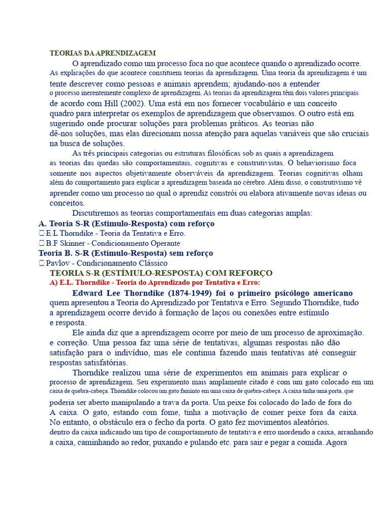 Teorias da Aprendizagem: Comportamento e Cognitivismo | PDF ...