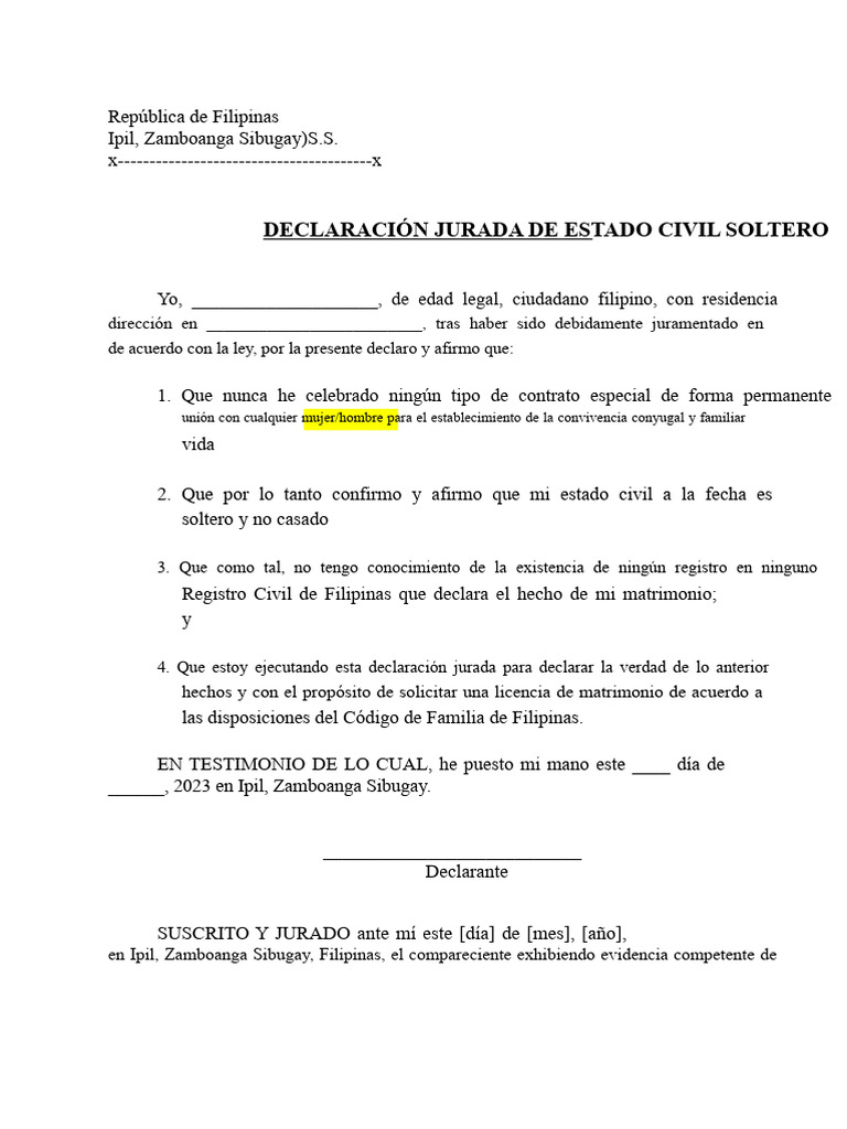 Declaración Jurada de Soltería Filipinas | PDF