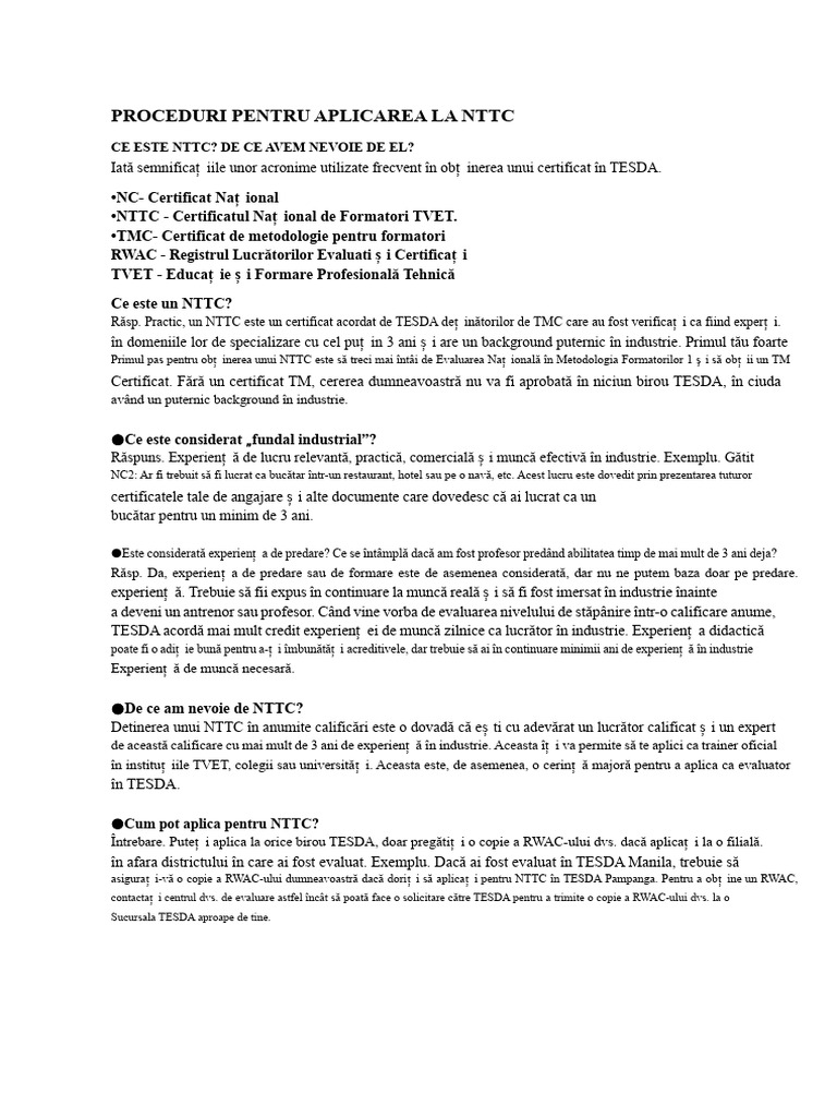 Proceduri Pentru Aplicarea La NTTC | PDF