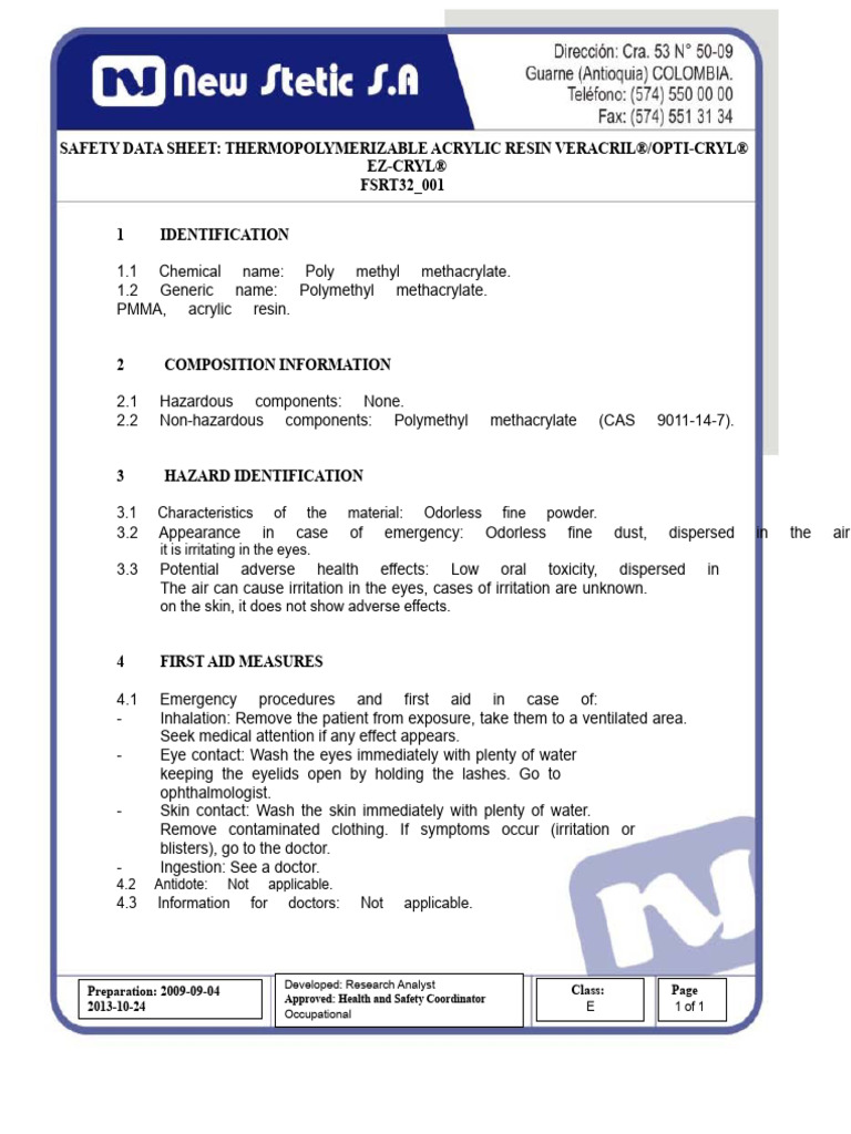 Acrylic Resin - MSDS Sheet | PDF | Poly(Methyl Methacrylate) | Toxicity