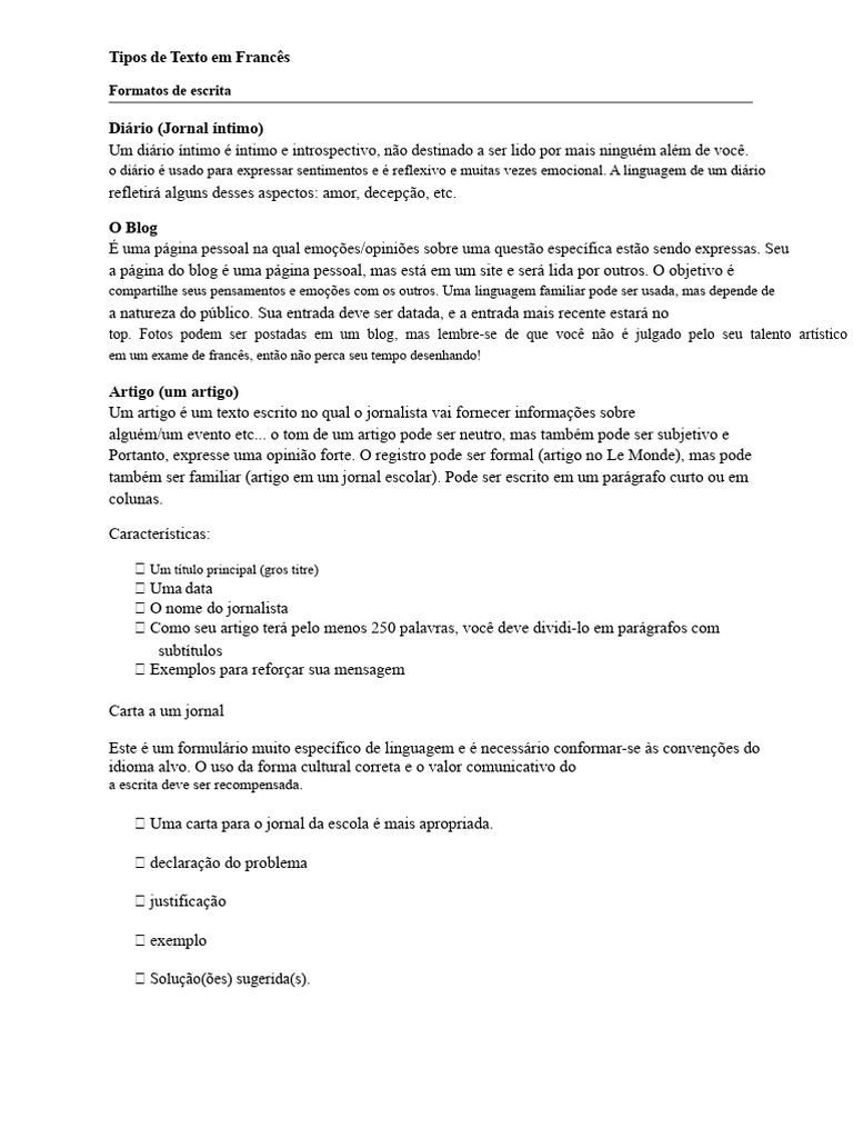 Tipos De Texto Em Escrita Francesa PDF Argumento Blog