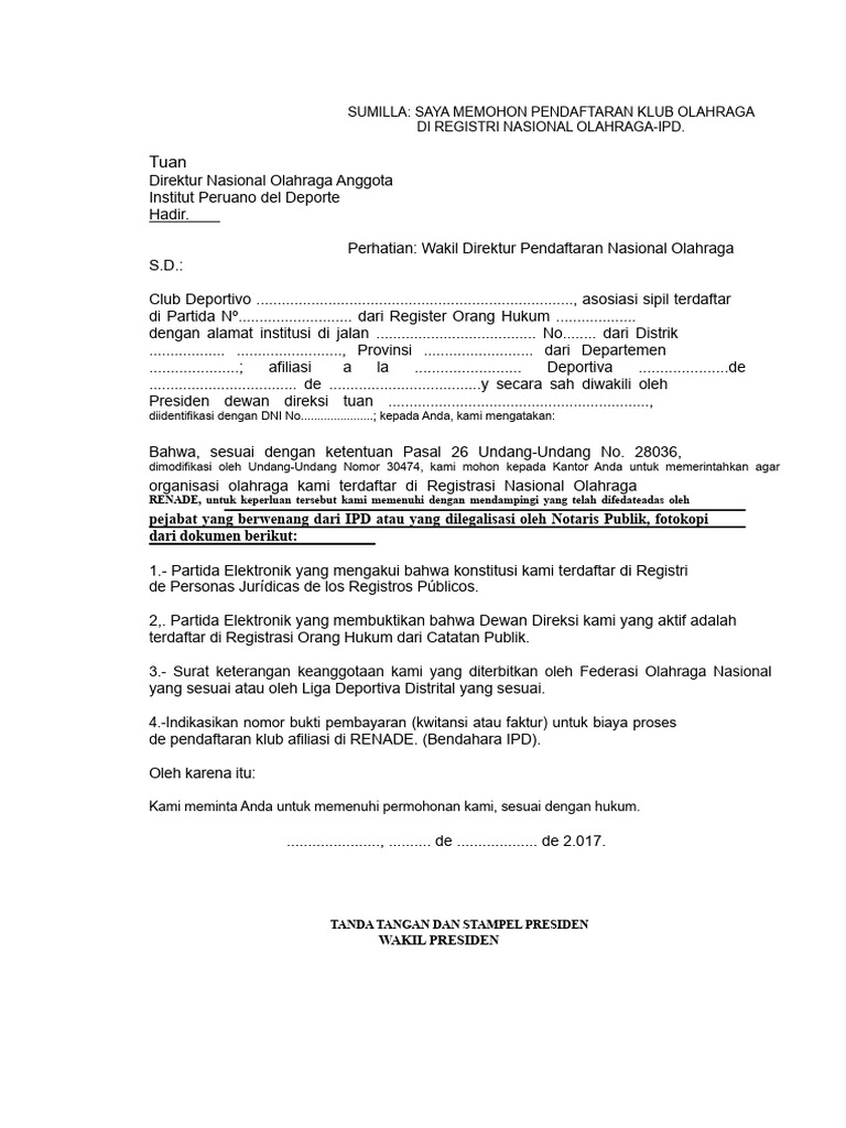 1 Format Pendaftaran Klub Renade PERU | PDF