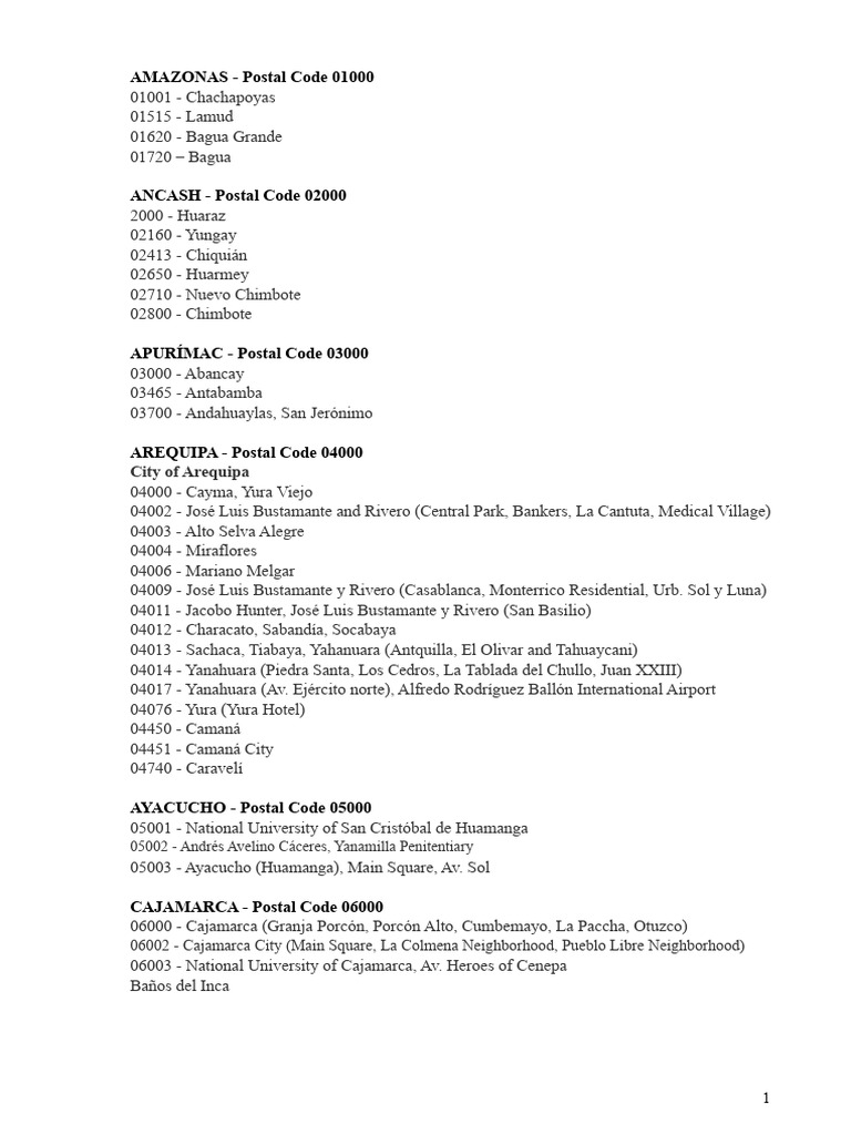 Peru Postal Codes Overview | PDF | Peru | South America