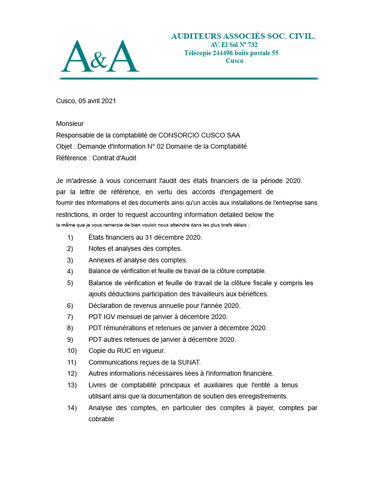 Demande d'informations pour audit comptable | PDF | Comptabilité ...