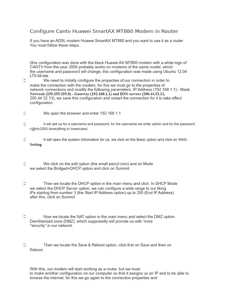 Configure Cantv Huawei MT880 as Router | PDF | Ip Address | Computer ...
