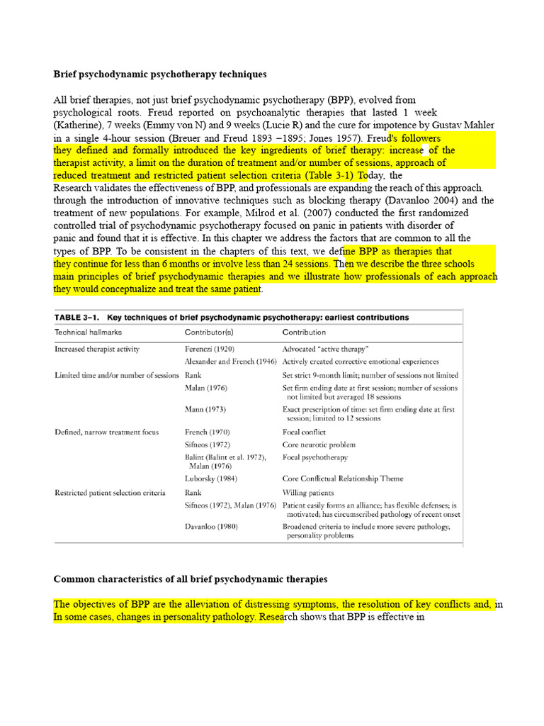 Brief Psychodynamic Psychotherapy Techniques | PDF | Psychotherapy ...