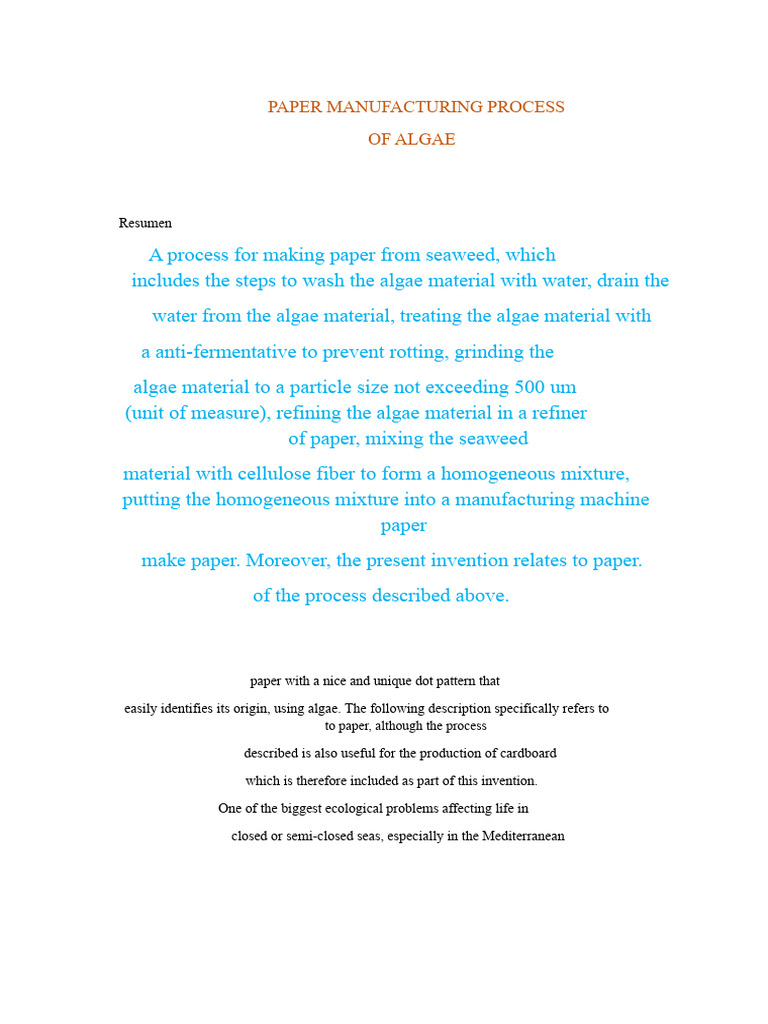 Algae-Based Paper Manufacturing Process | PDF | Paper | Fibers