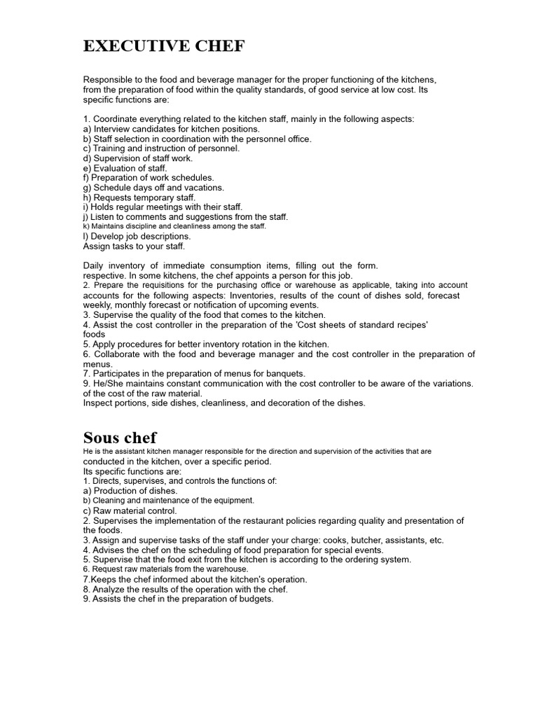 Executive Chef and Kitchen Roles Overview | PDF | Chef | Desserts