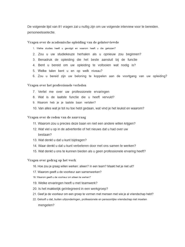 81 Vragen Voor Personeelsselectie Interview | PDF