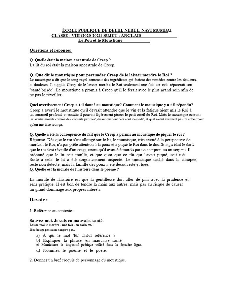 Le Pou Et Le Moustique Questions Et Réponses | PDF