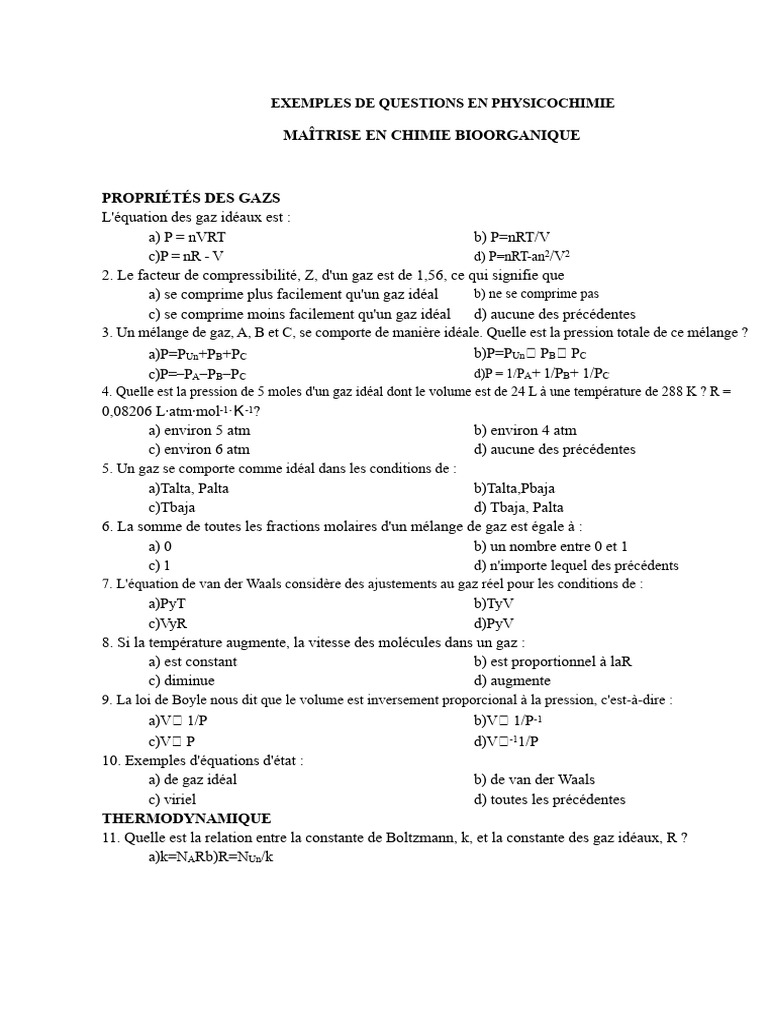 Questions de Physicochimie et Thermodynamique | PDF | Enthalpie ...