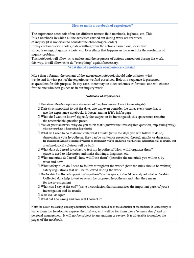Creating an Experience Notebook Guide | PDF | Hypothesis | Inquiry