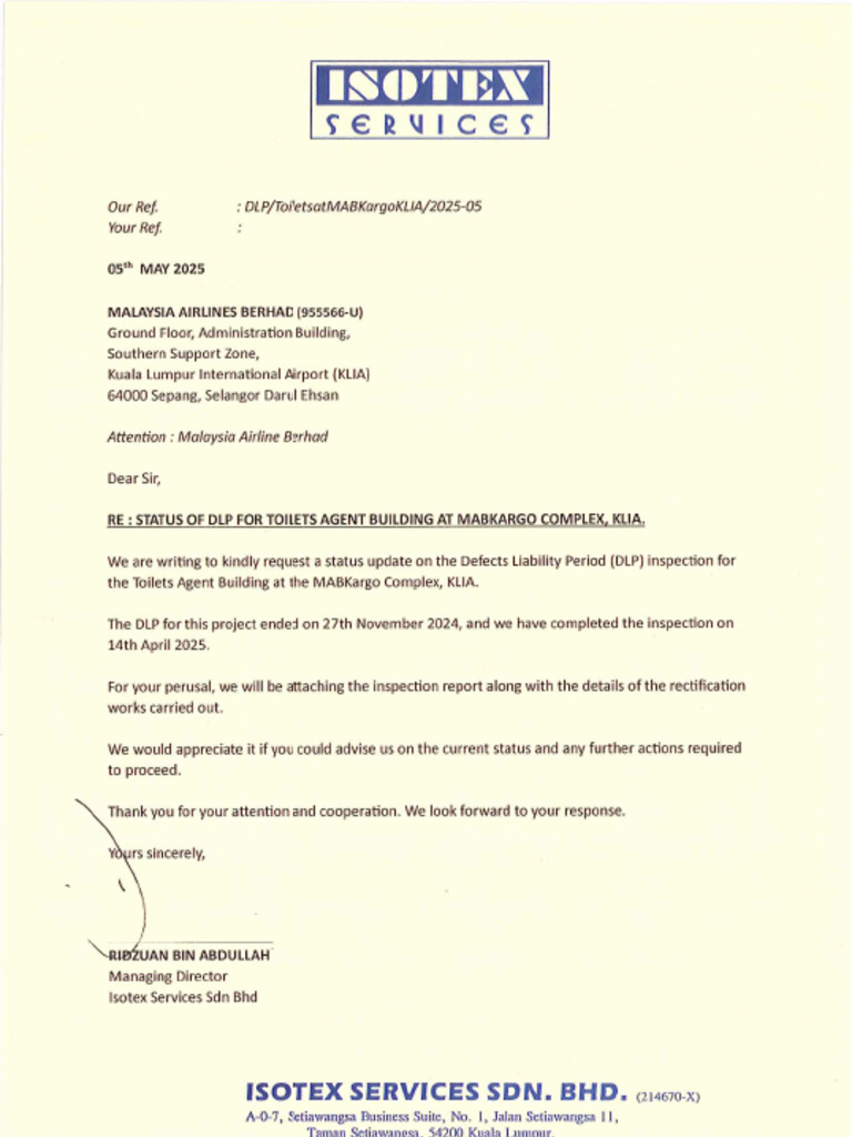 Letter Status of DLP For Toilets Agent Building at MABKargo Complex ...