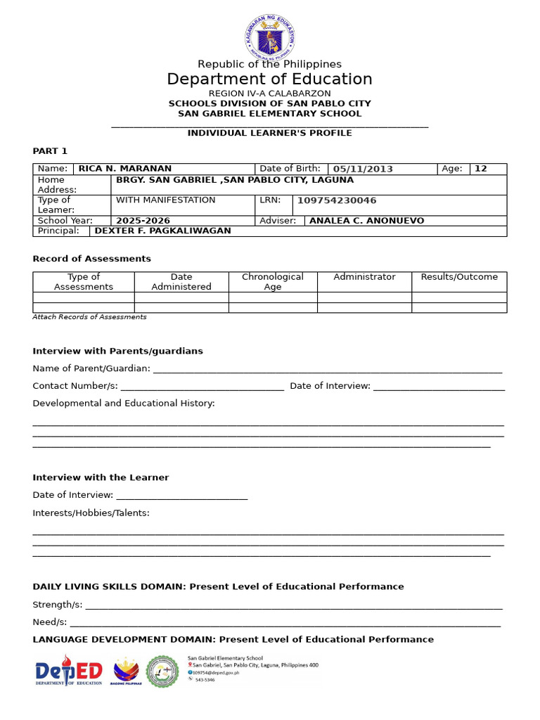 Individual Learner's Profile Overview | PDF | Learning | Psychology