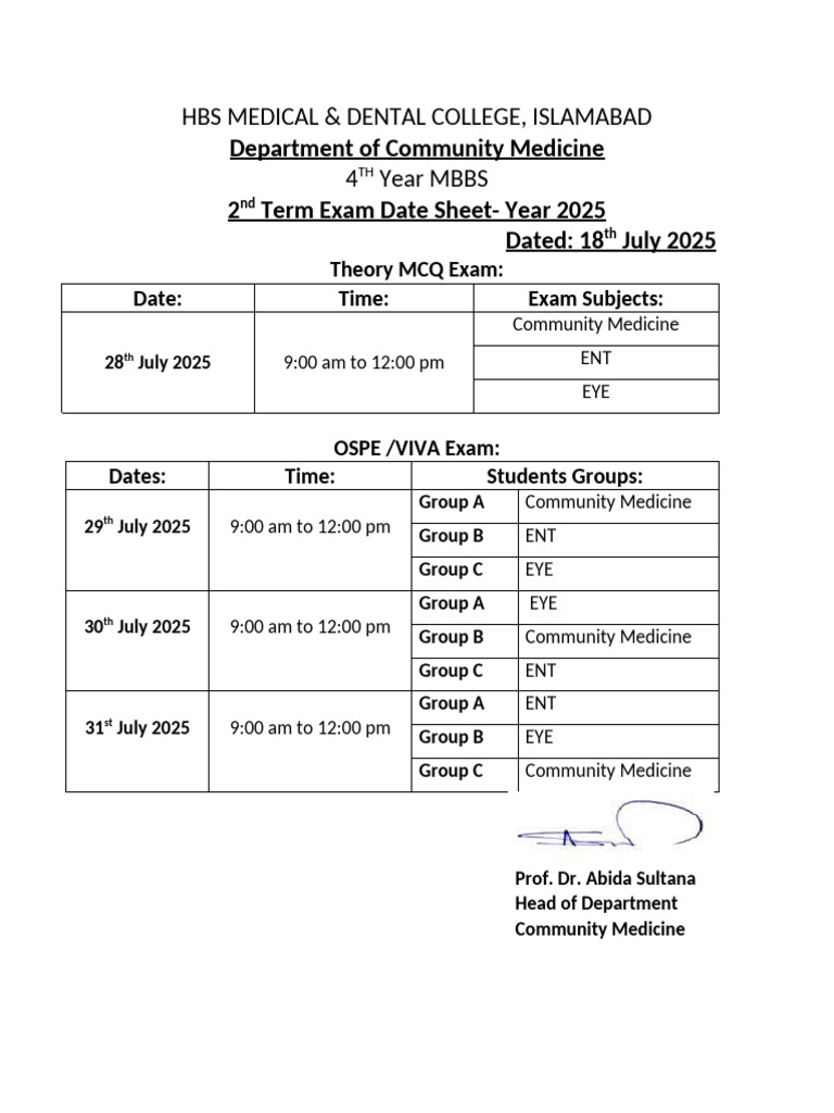 2025 MBBS 4th Year Exam Schedule | PDF