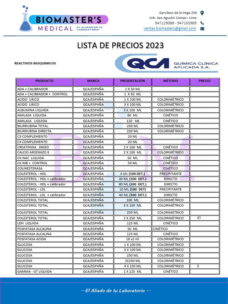 A. Lista de Precios Biomasters Reactivos 2023 | PDF | Hemoglobina ...
