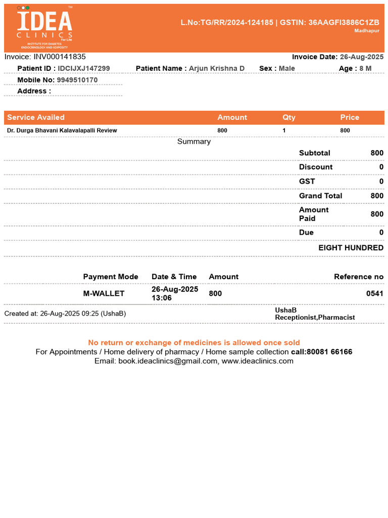 Invoice for Medical Services - 800 INR | PDF | Social Programs | Health ...