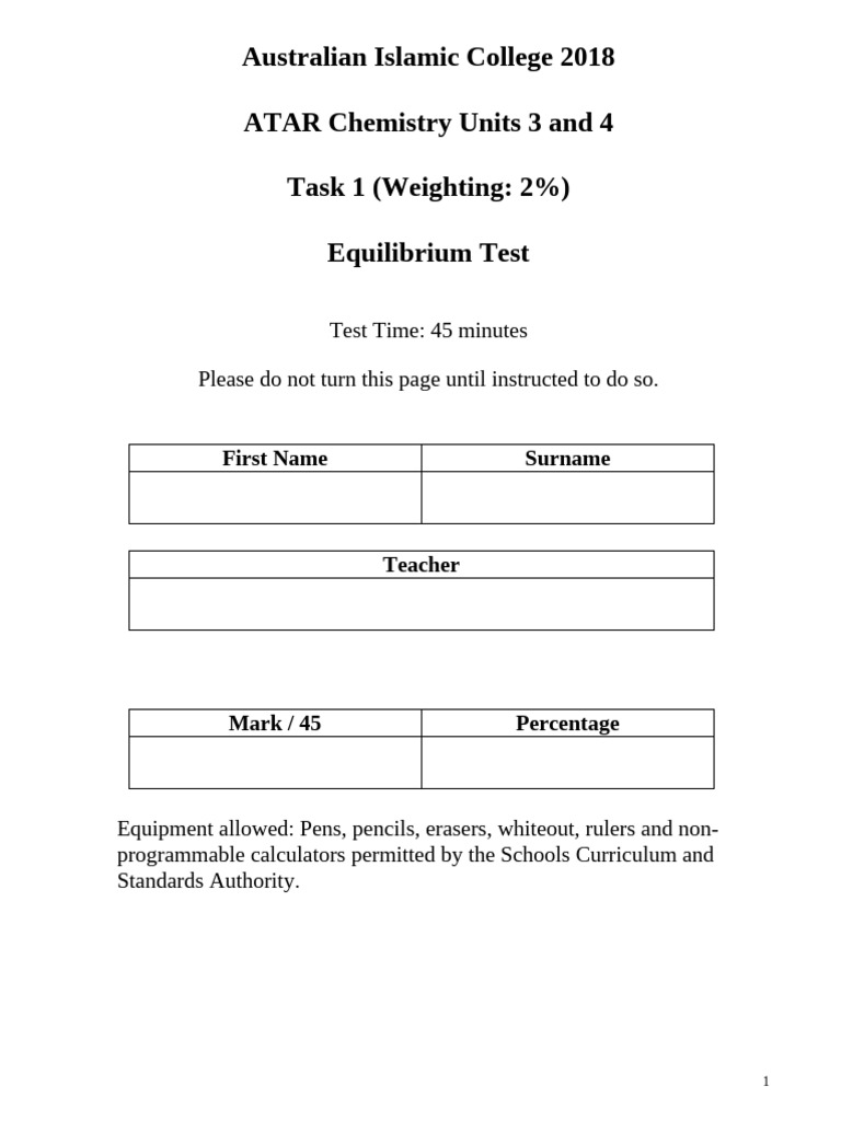 Equilibrium Test for ATAR Chemistry | PDF | Chemical Reactions | Catalysis
